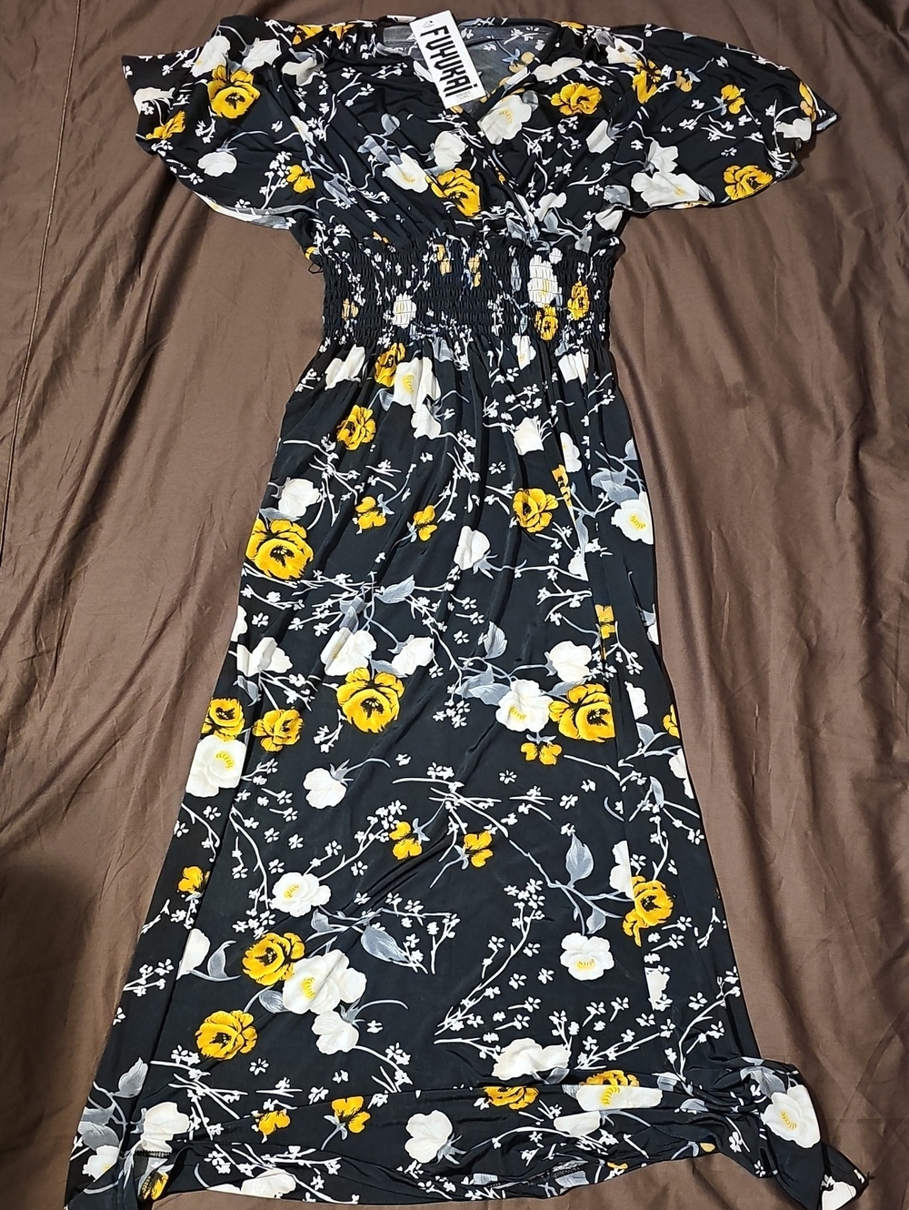 Floral Smocked Maxi Dress by — Black with Yellow & White Flowers